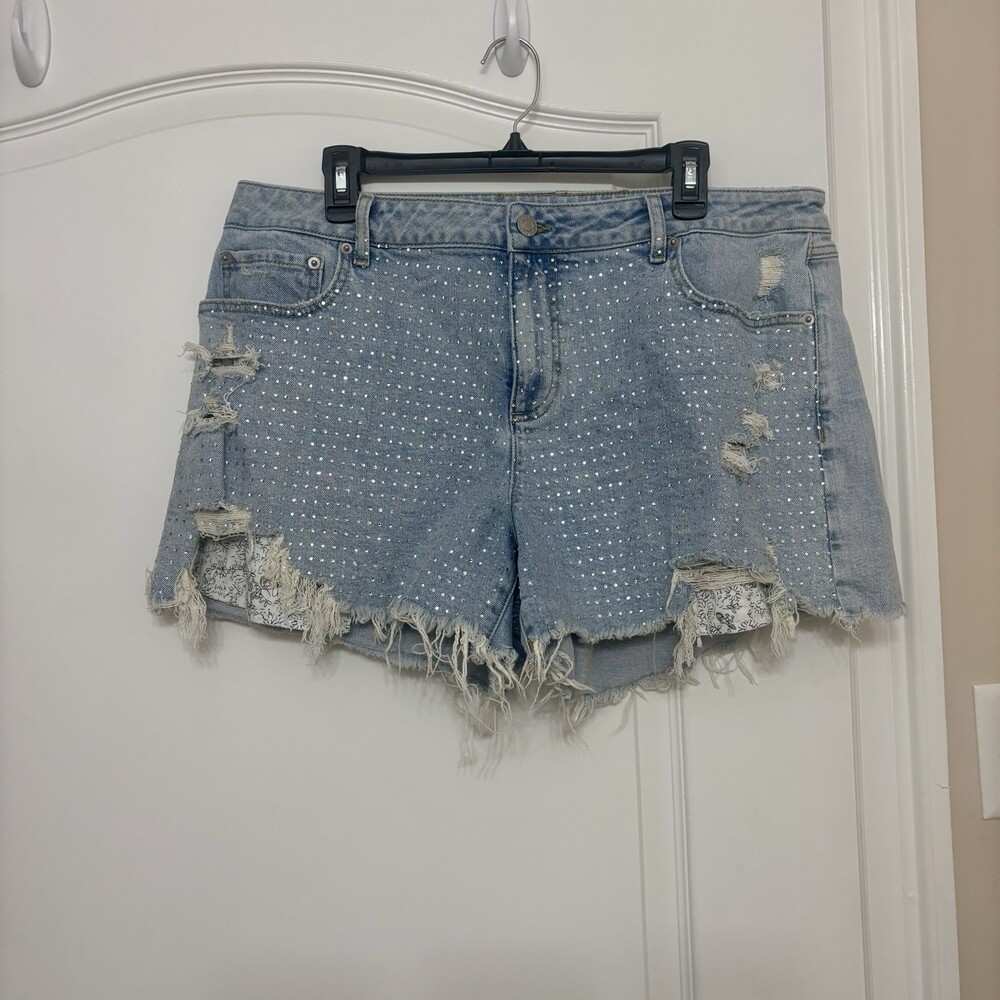 EST. 1946 Denim Rhinestone Distressed Cut Off Shorts Light Blue Plus Size 18W